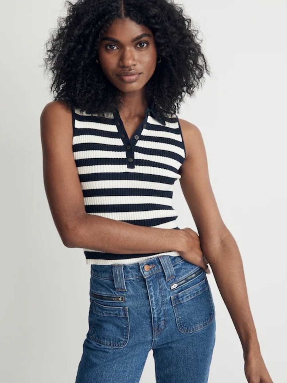 Madewell Owen Polo Striped Sweater Tank Top Sleeveless Ribbed Polo Tank Size S